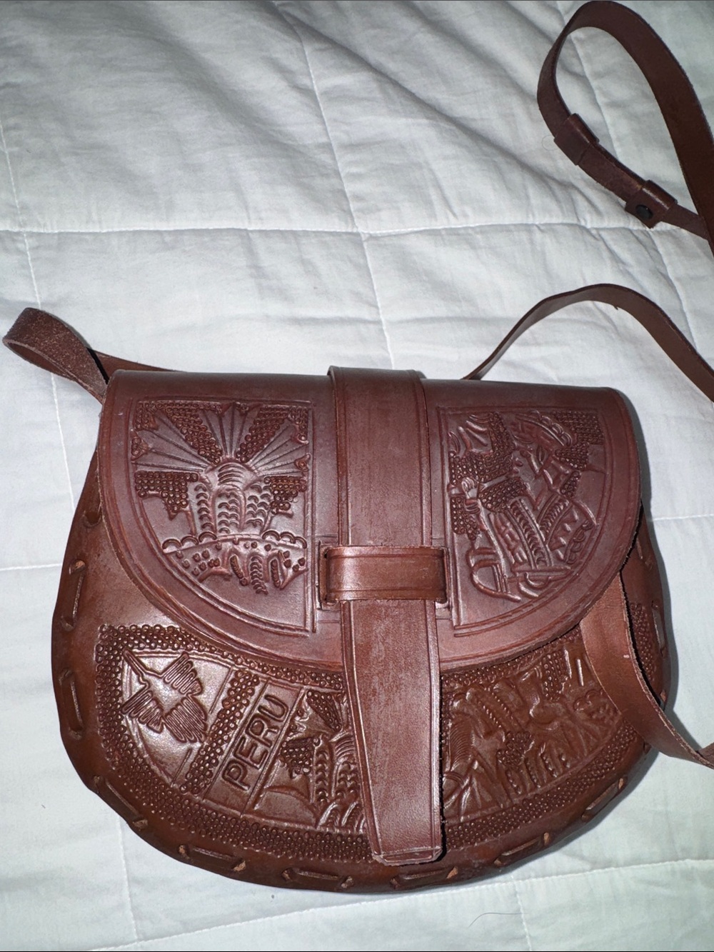 Hand-Tooled Brown Leather Crossbody Bag - Peru Motif